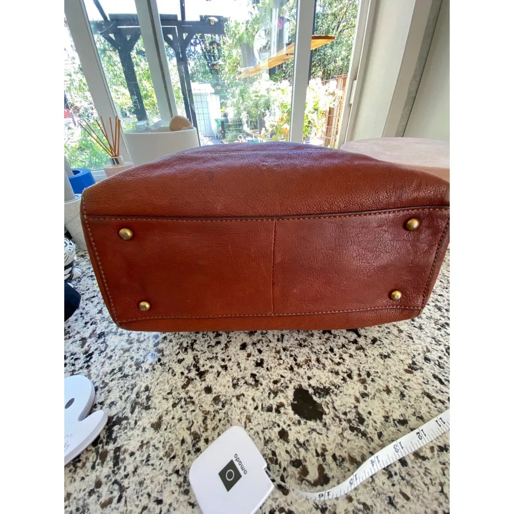 Frye  Lucy Side Pocket Leather Tote Bag Women OS Cognac Brown Pebbled Zip Top